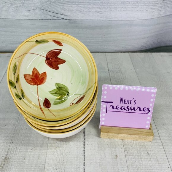 Gibson GID441 Tan Band Red Flowers Green Leaves Stoneware Soup Cereal Bowl Set 5 - Picture 1 of 16
